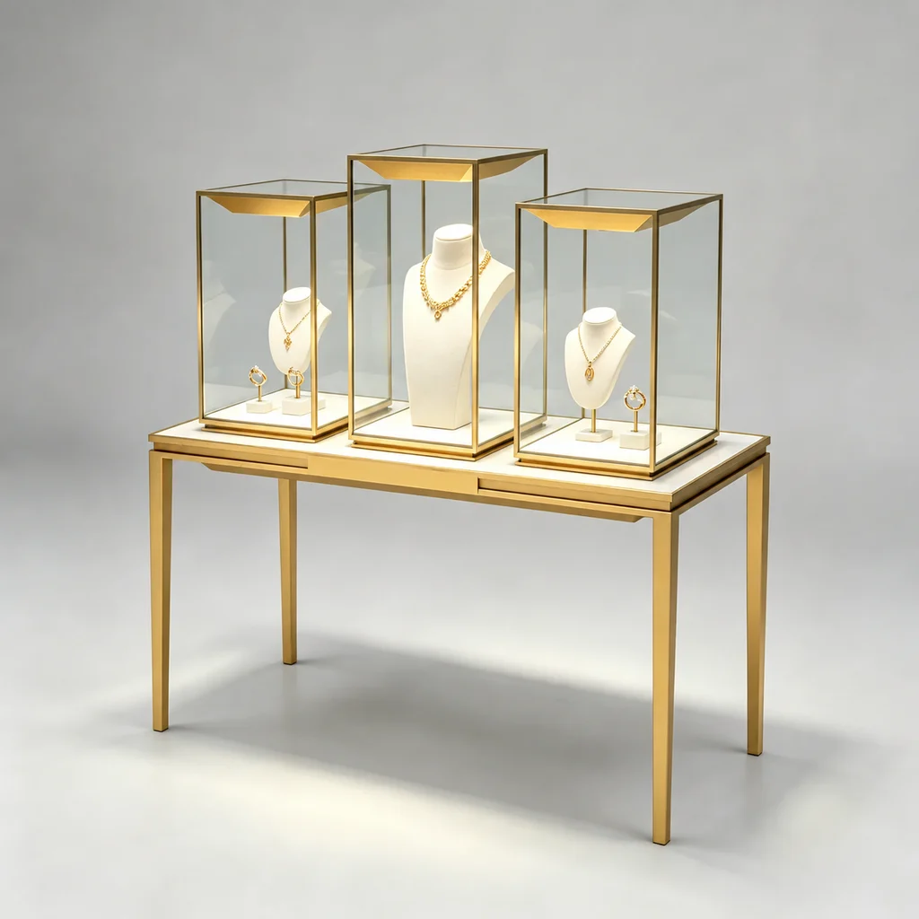 Gold-tone jewelry display table with three graduated glass towers, necklace busts and ring stands