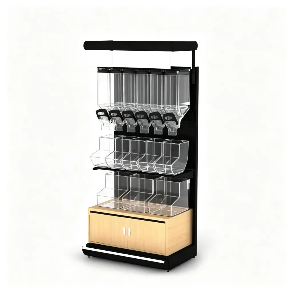 Gravity Feed Candy Dispenser Rack Metal Acrylic Bulk Bin with Wood Cabinet — view 4