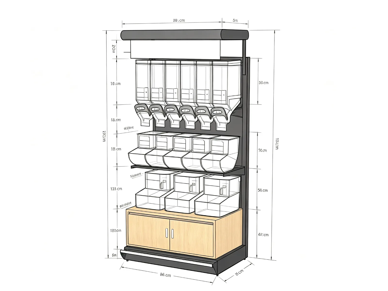 Gravity Feed Candy Dispenser Rack Metal Acrylic Bulk Bin with Wood Cabinet — product detail 1