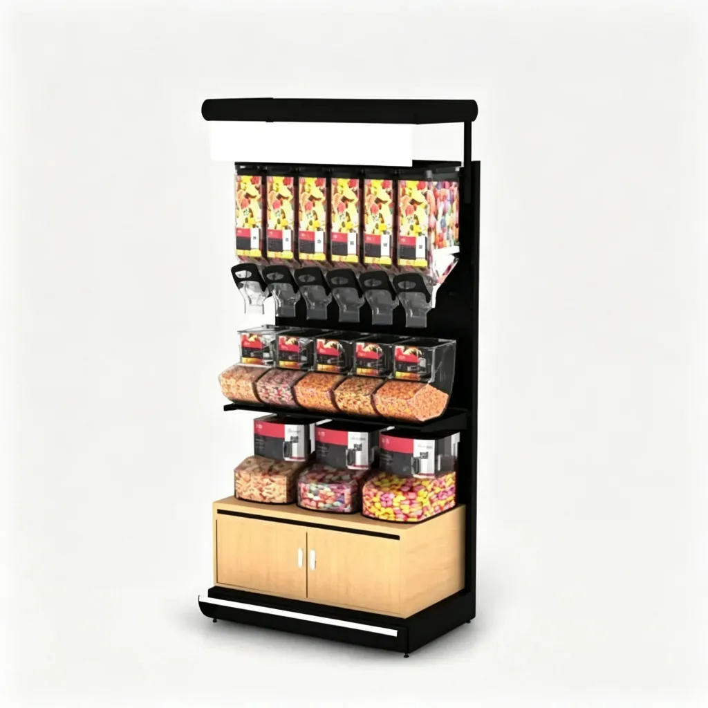 Gravity Feed Candy Dispenser Rack Metal Acrylic Bulk Bin with Wood Cabinet — view 2
