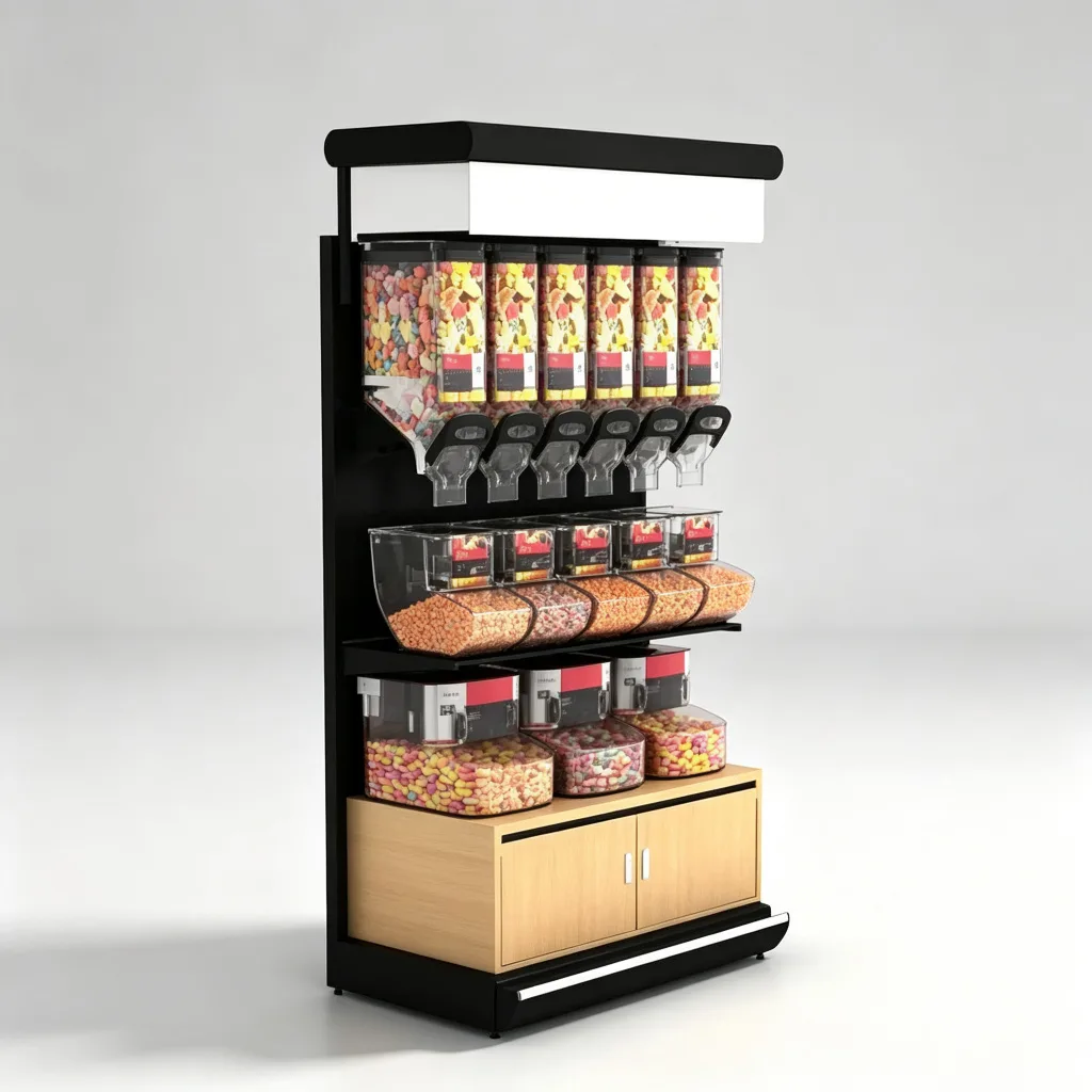 Gravity Feed Candy Dispenser Rack Metal Acrylic Bulk Bin with Wood Cabinet
