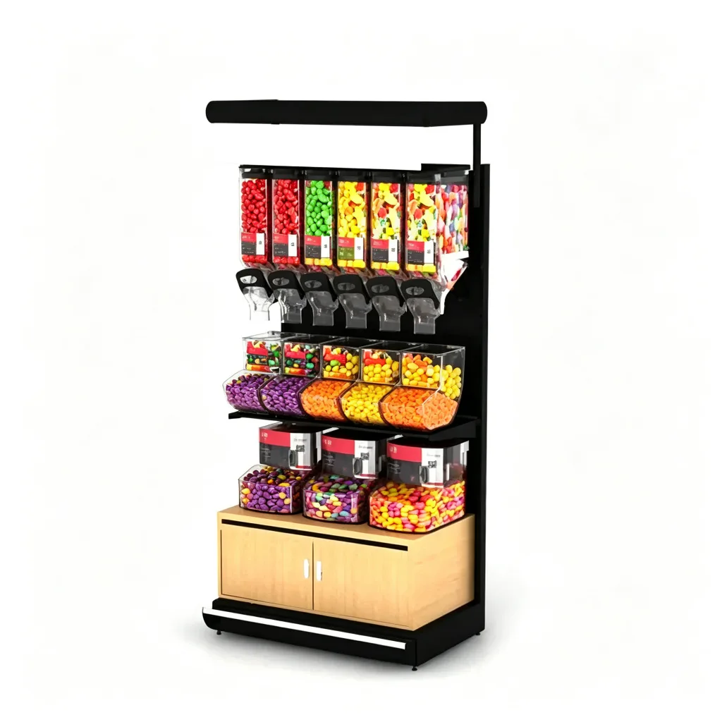 Gravity Feed Candy Dispenser Rack Metal Acrylic Bulk Bin with Wood Cabinet — view 3