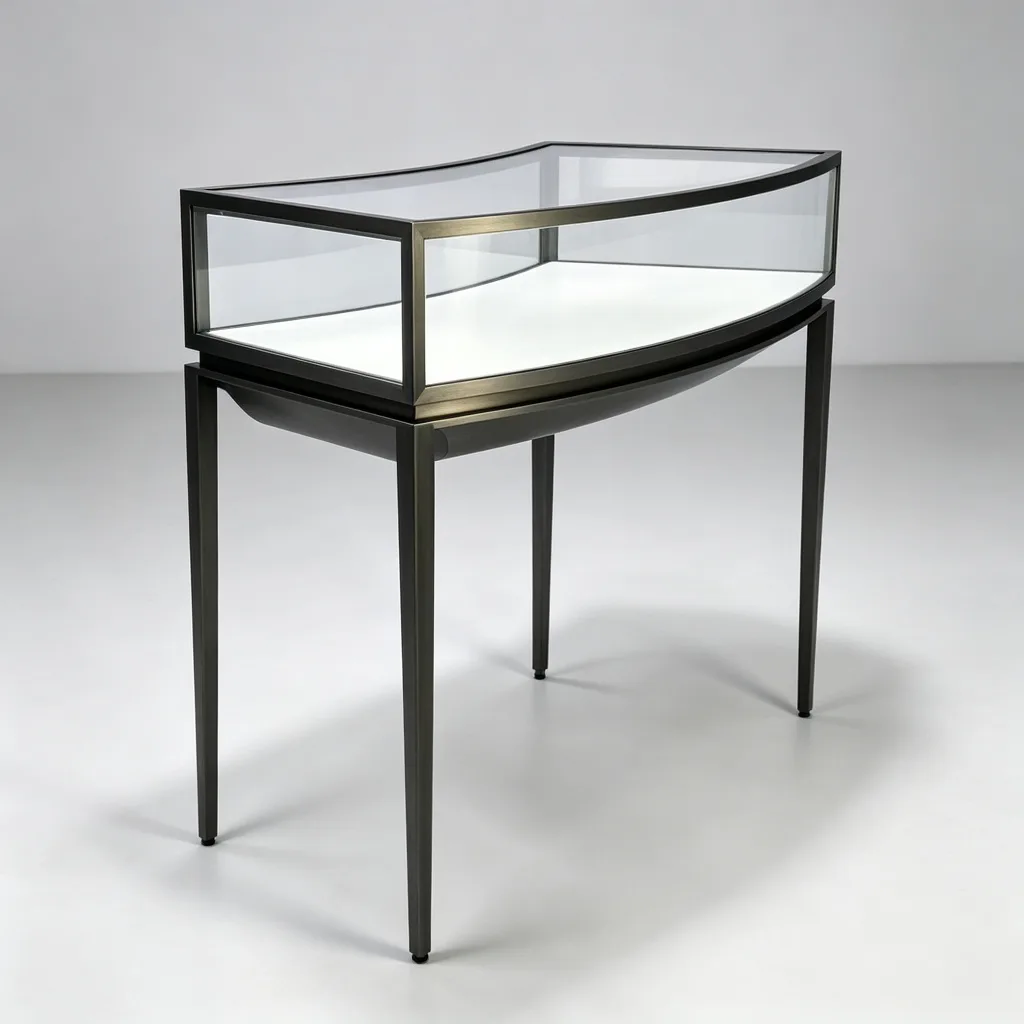 Gunmetal Curved Bow Front Glass Jewelry Display Table White Deck