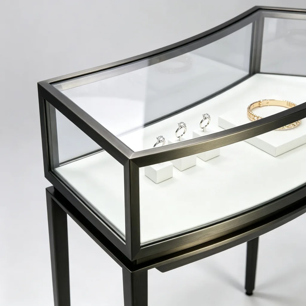 Gunmetal Curved Bow Front Glass Jewelry Display Table White Deck — view 4