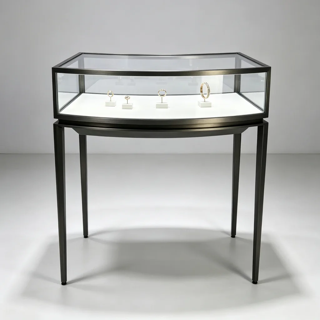 Gunmetal Curved Bow Front Glass Jewelry Display Table White Deck — view 2