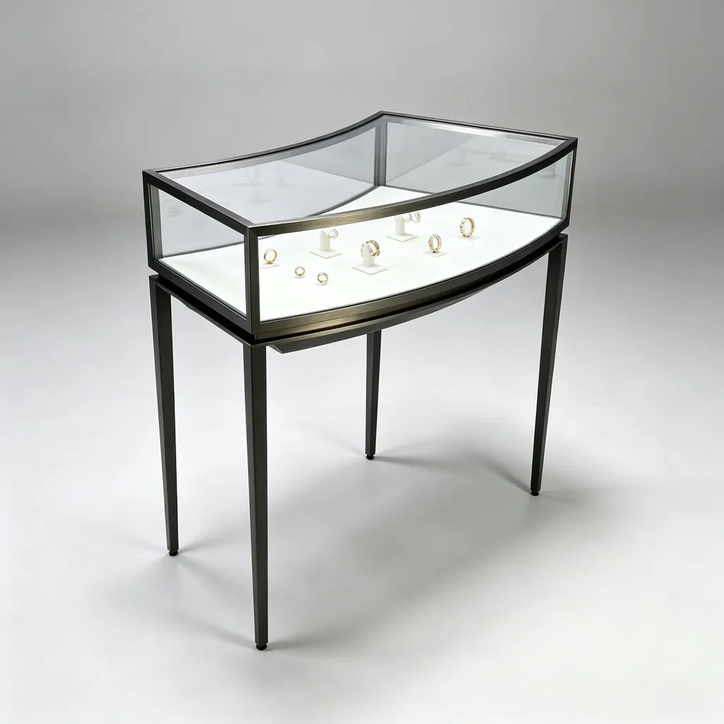 Gunmetal Curved Bow Front Glass Jewelry Display Table White Deck — view 3