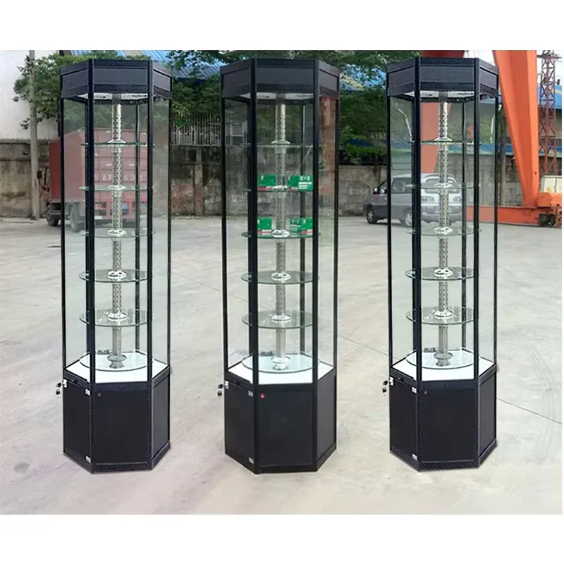 Hexagonal Aluminium Lockable Glass Revolving Display Cabinet — view 3