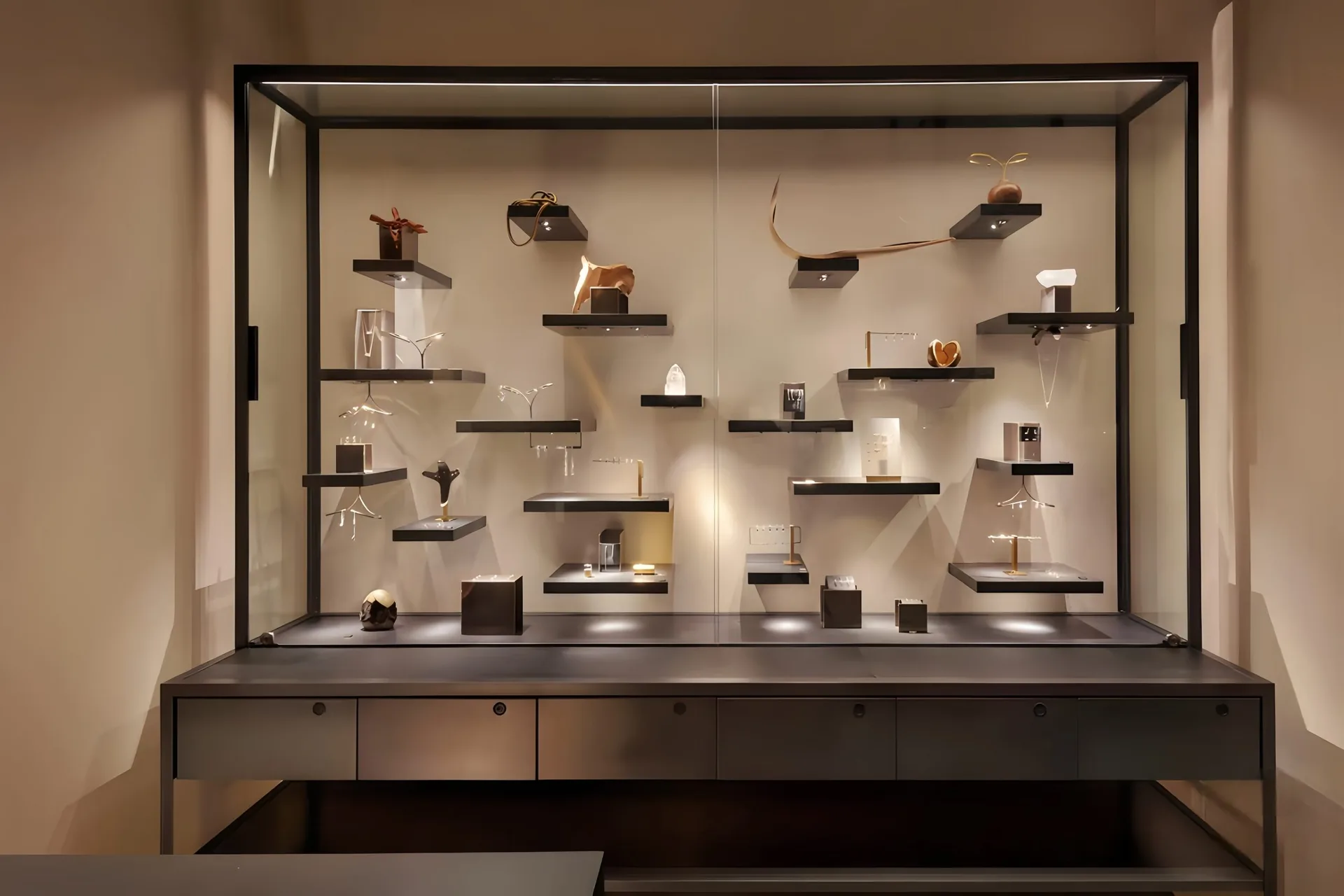 High‑End Artistic Jewelry Retail Solution | Built‑in Wall Niches & Glass Jewellery Exhibit Cases — view 3