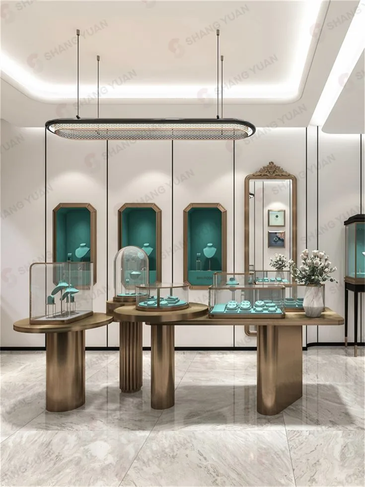 High-End Brass Combination Jewelry Display Island Table & Recessed Wall Niche Cabinet