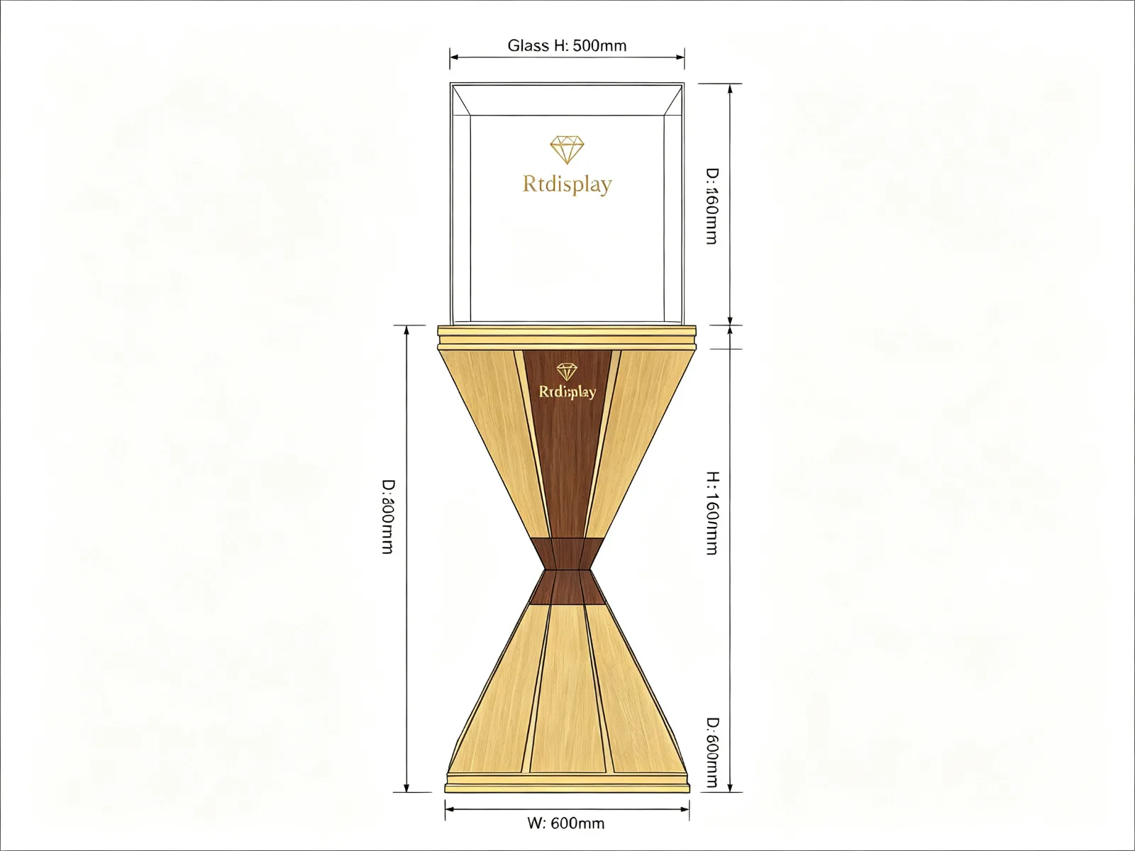 Hourglass Jewelry Pedestal Stand Gold Wood Square Glass Display Tower — product detail 1