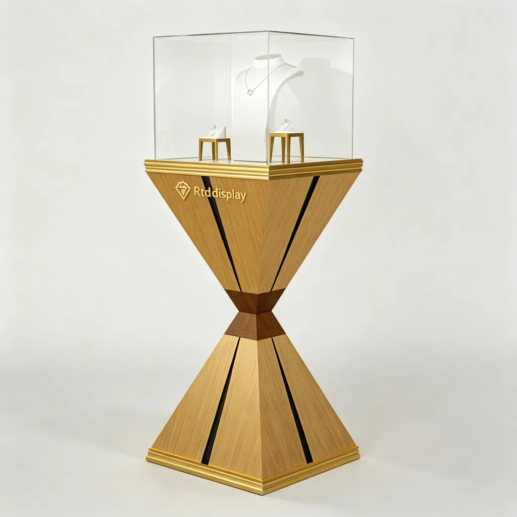 Hourglass Jewelry Pedestal Stand Gold Wood Square Glass Display Tower — view 2