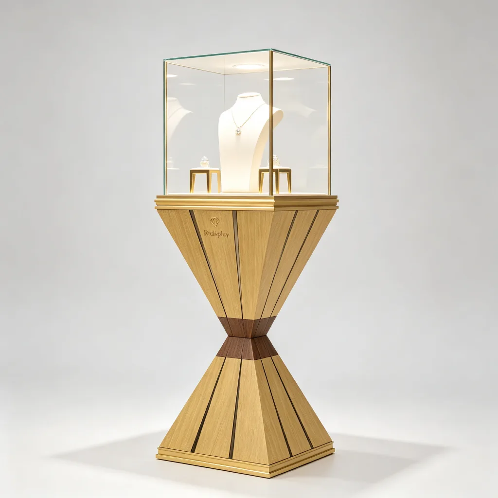 Hourglass Jewelry Pedestal Stand Gold Wood Square Glass Display Tower — view 3