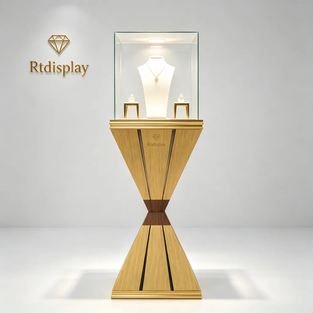 Hourglass Jewelry Pedestal Stand Gold Wood Square Glass Display Tower