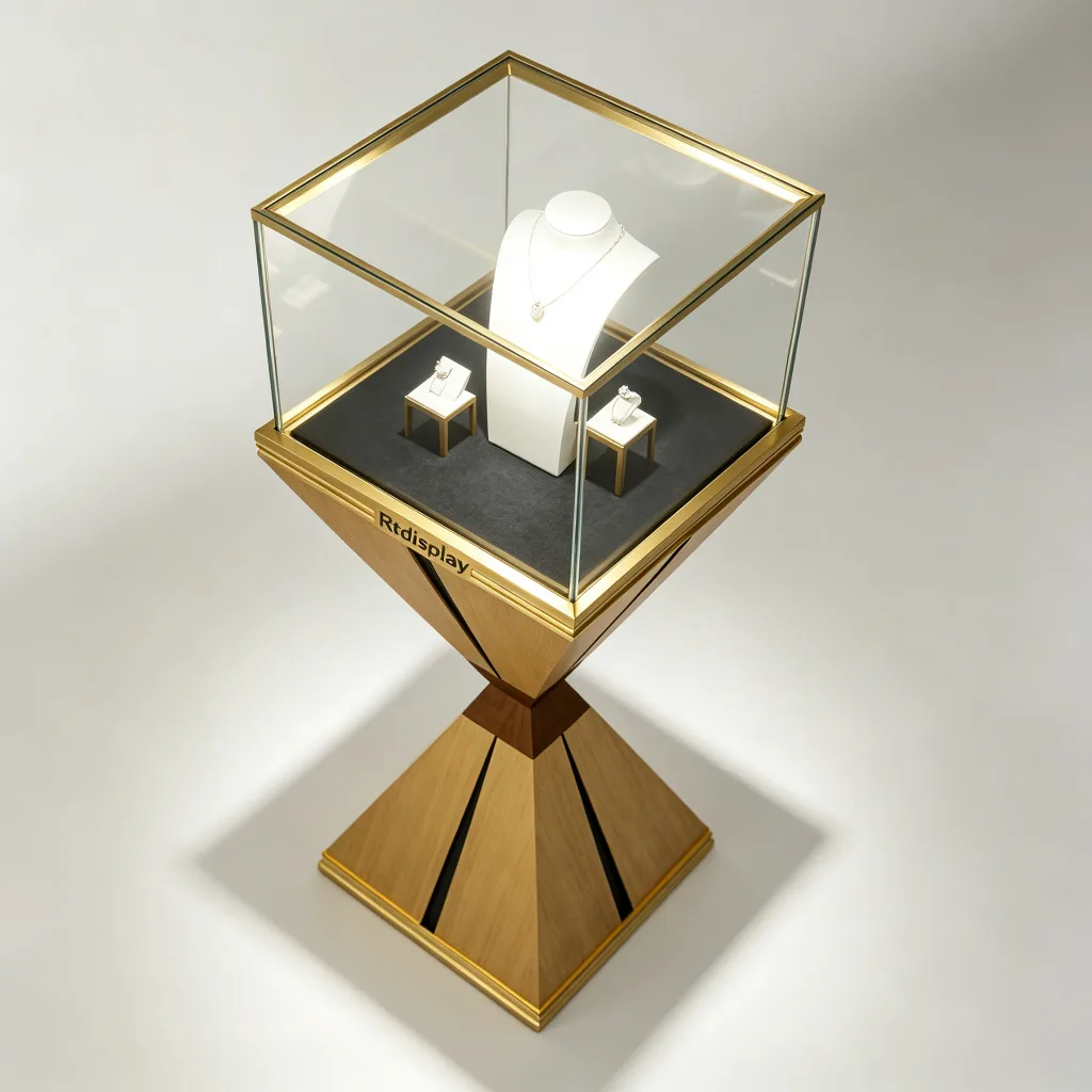 Hourglass Jewelry Pedestal Stand Gold Wood Square Glass Display Tower — view 4