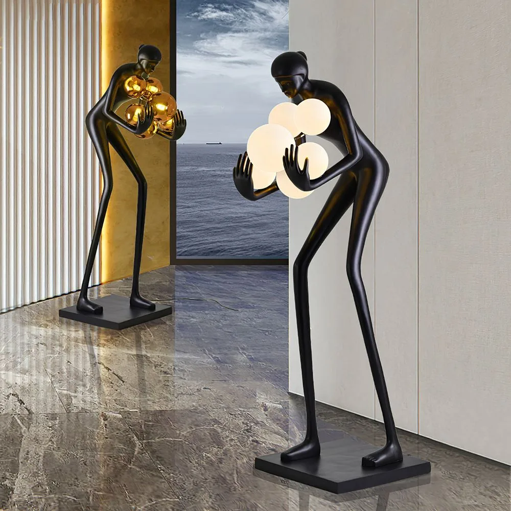 Human Holding Light Ball Fiberglass Sculpture Floor Lamp for Lobby Decor — view 2