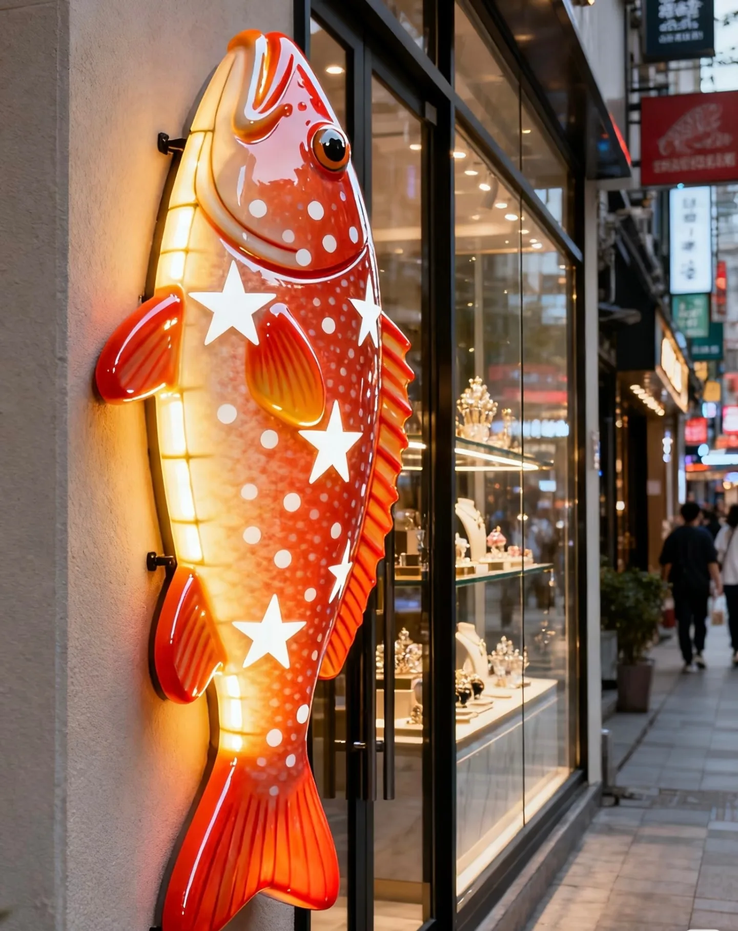 Illuminated Spotted Fish Fiberglass Wall Sculpture for Seafood Restaurant Storefront — view 3
