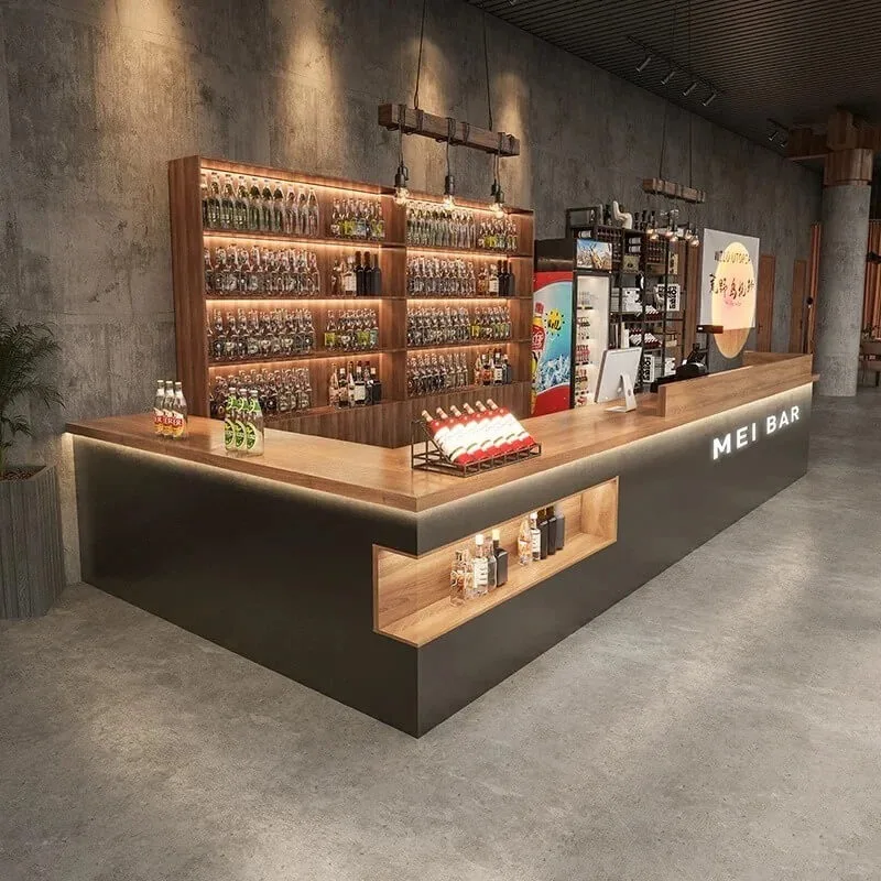 Industrial Cement Wood Combined Bar Counter With LED Wine Cabinet Custom Reception Bar Counter For Pub Bistro Restaurant — view 3