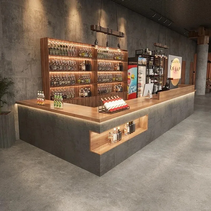 Industrial Cement Wood Combined Bar Counter With LED Wine Cabinet Custom Reception Bar Counter For Pub Bistro Restaurant — view 2