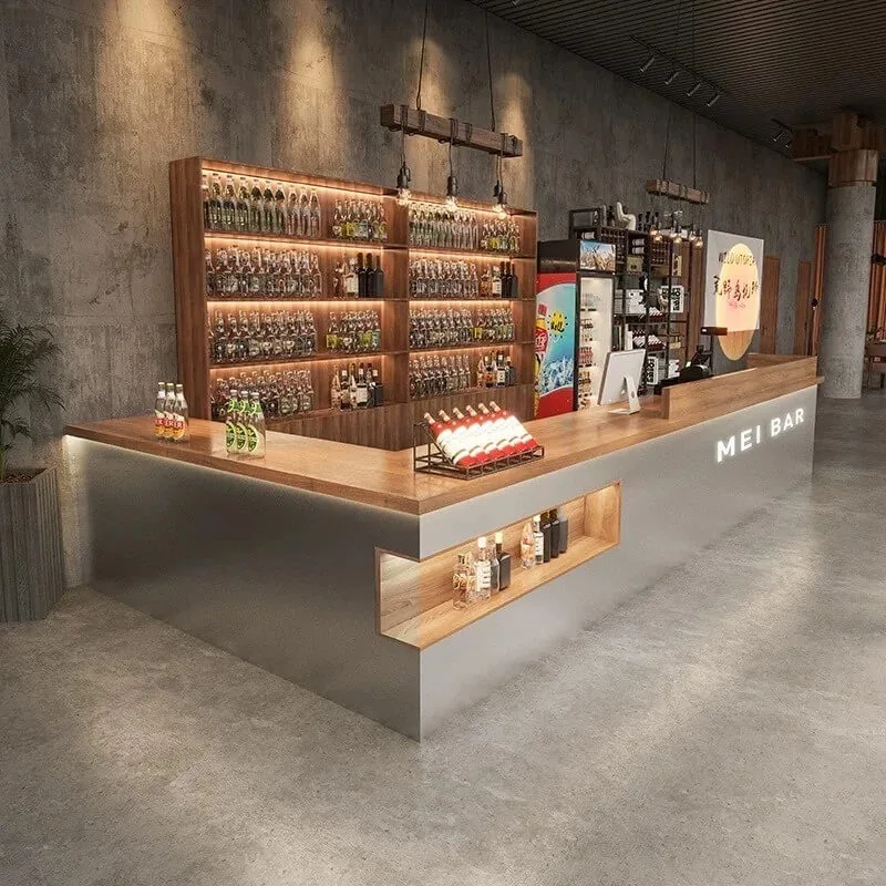 Industrial Cement Wood Combined Bar Counter With LED Wine Cabinet Custom Reception Bar Counter For Pub Bistro Restaurant — view 4