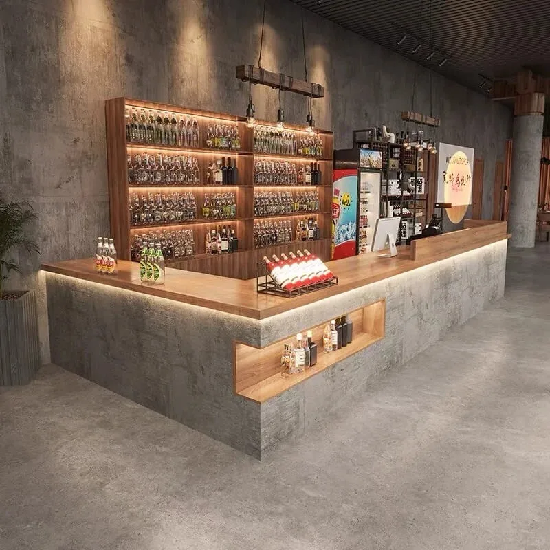 Industrial Cement Wood Combined Bar Counter With LED Wine Cabinet Custom Reception Bar Counter For Pub Bistro Restaurant