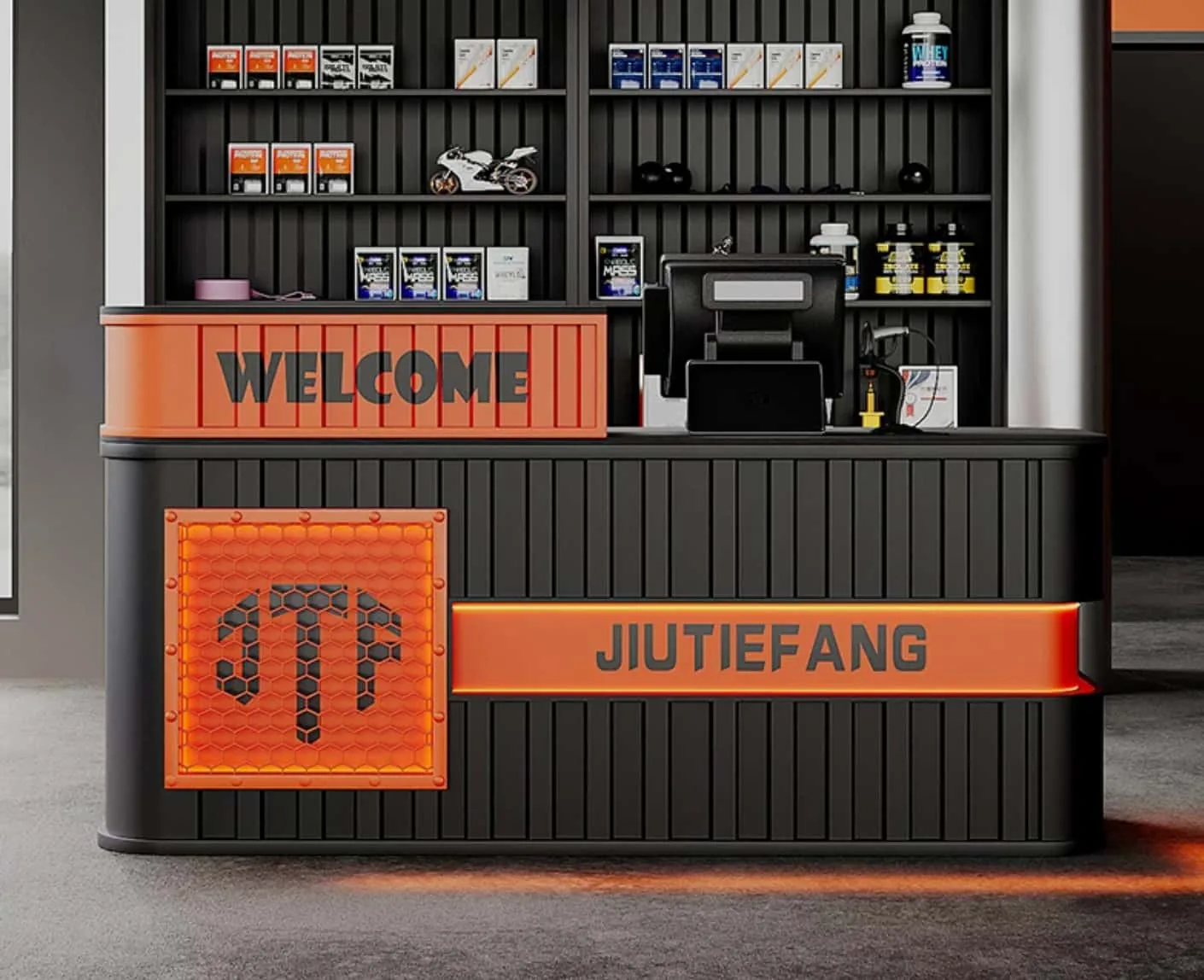 Industrial Gym Reception Desk – Commercial Container-Style Front Desk, Small Workstation, Iron Bar Counter & Cashier Stand — view 3