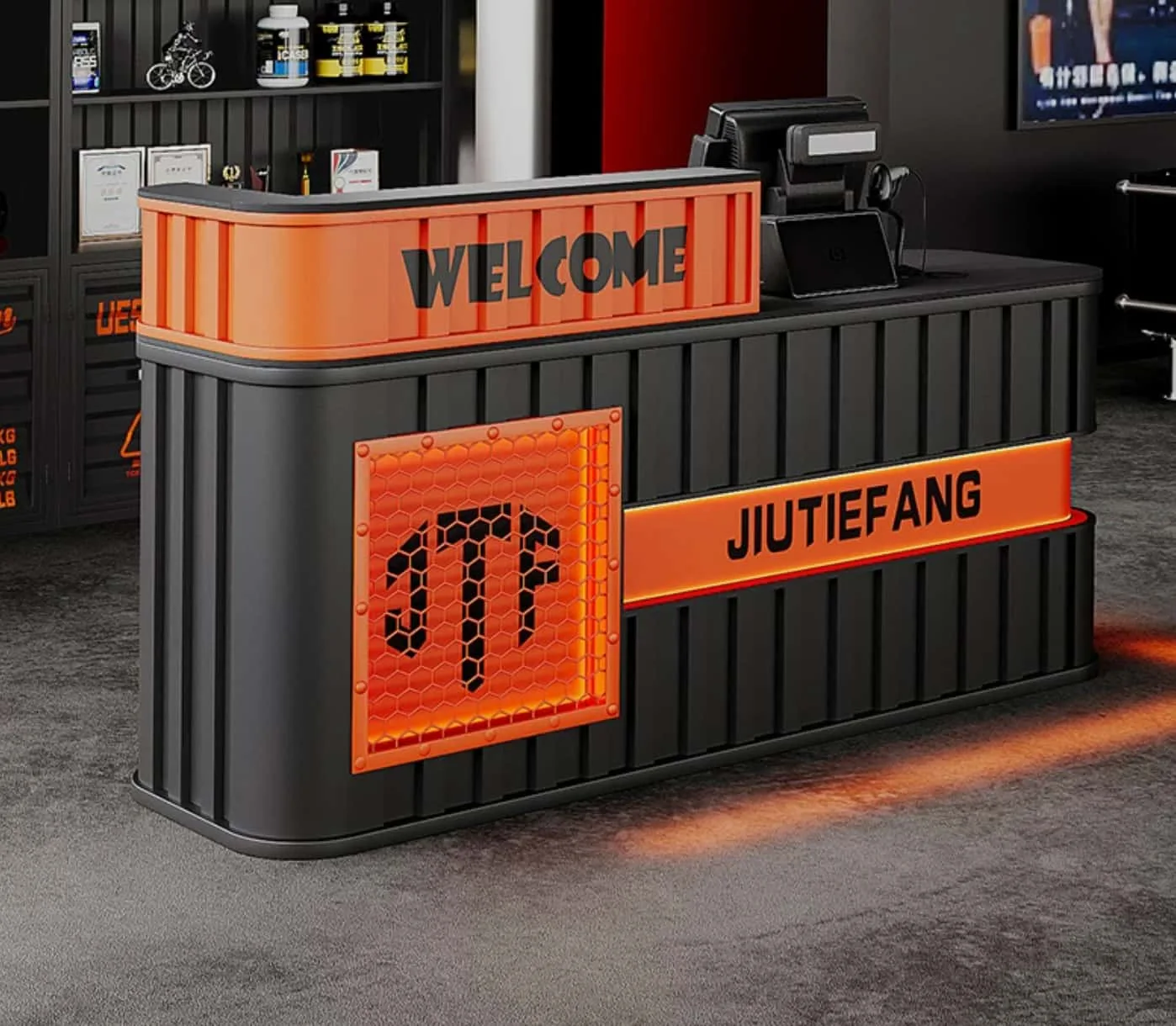 Industrial Gym Reception Desk – Commercial Container-Style Front Desk, Small Workstation, Iron Bar Counter & Cashier Stand — view 4