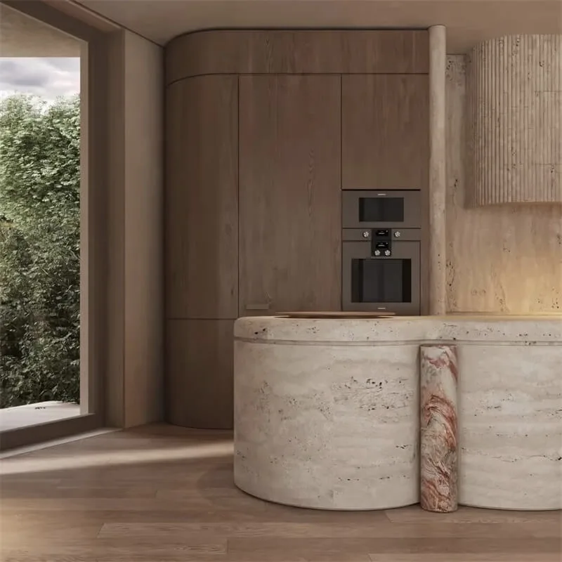 Industrial Style Concrete-Look Kitchen Island | Home & Commercial Curved Prep Table with Stainless Steel Sink — view 4