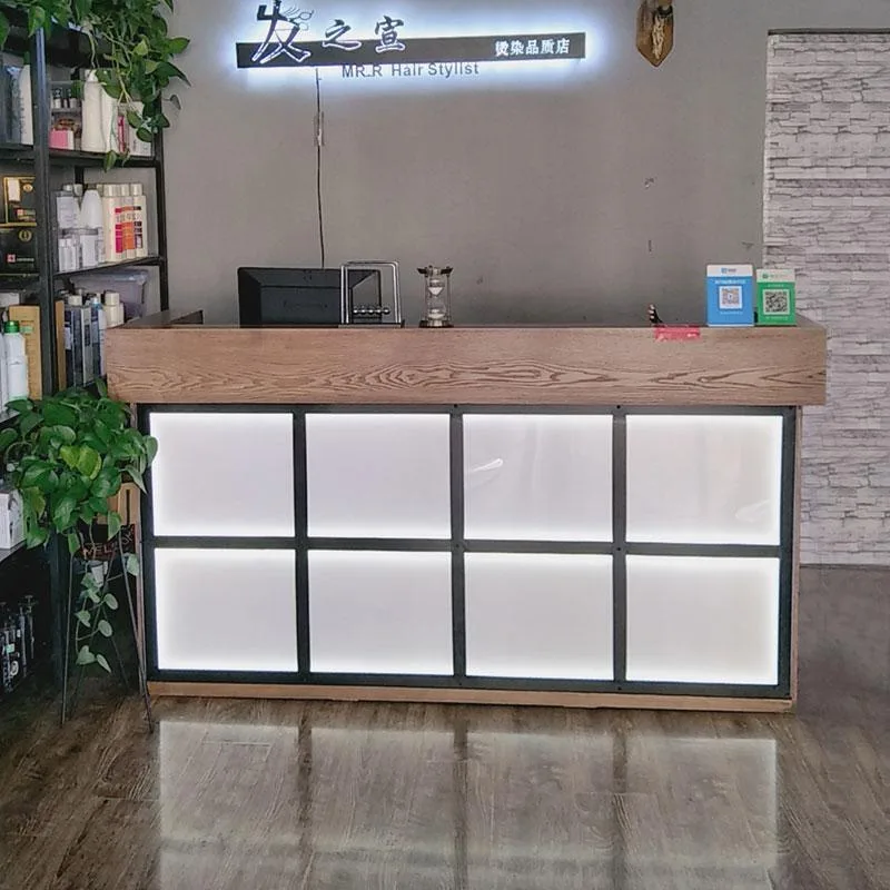 Industrial Style Lighted Grid Reception Desk, Small Front Counter for Clothing Boutiques, Barber Shops & Nail Salons — view 6