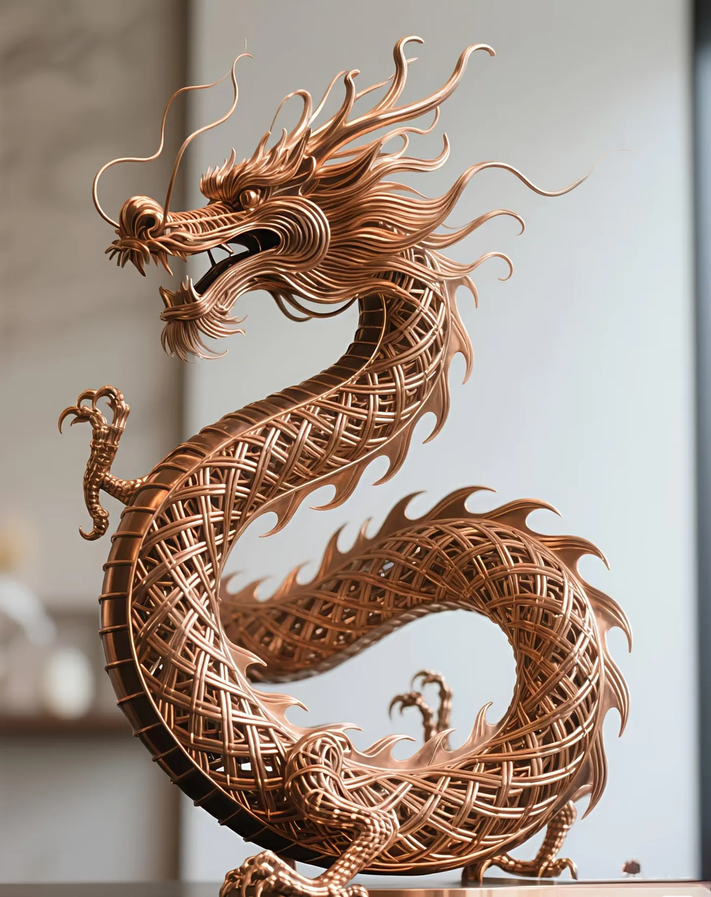 Intricate Wireframe Bronze Dragon Sculpture for Modern Interior Decor — view 3