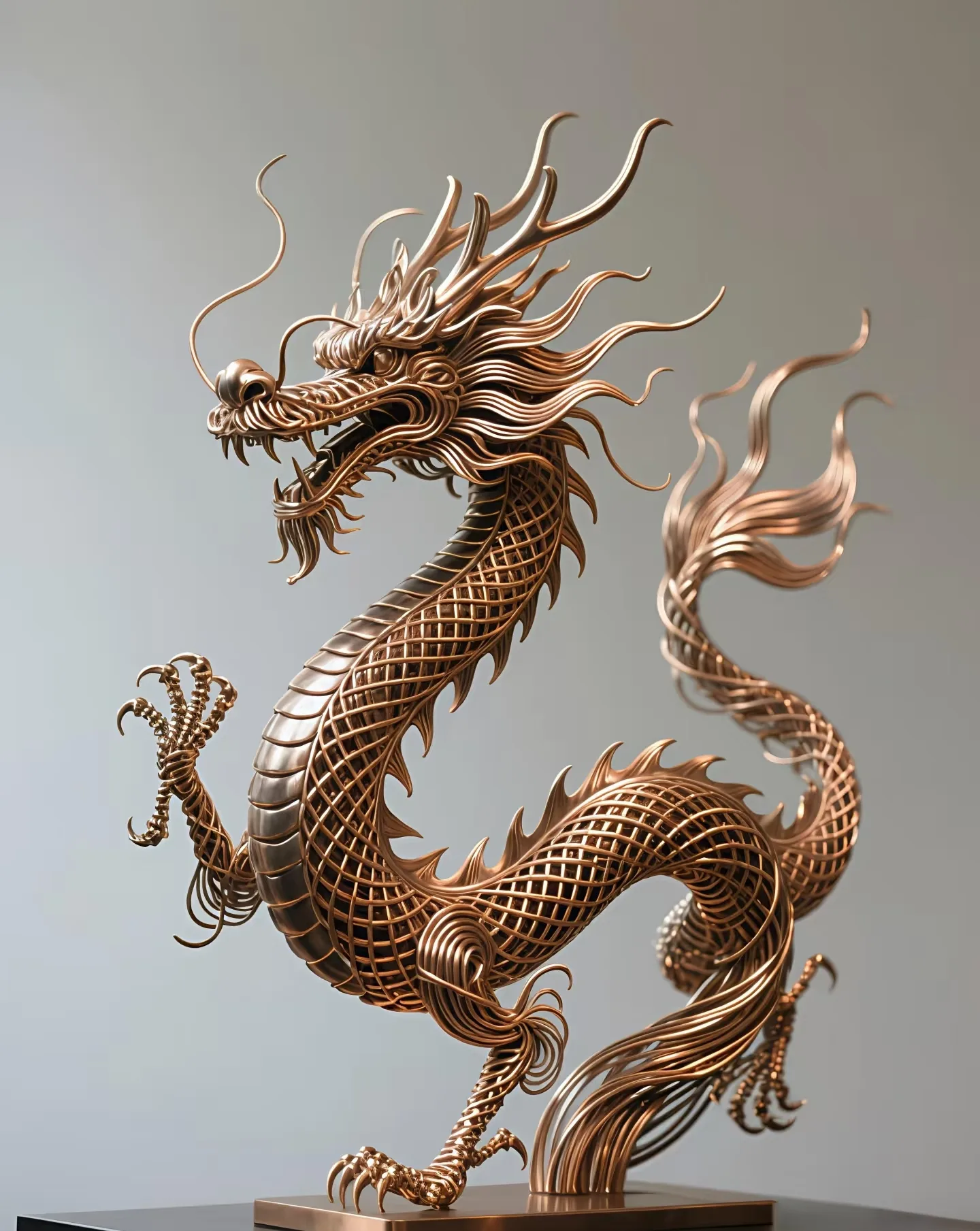 Intricate Wireframe Bronze Dragon Sculpture for Modern Interior Decor — view 4