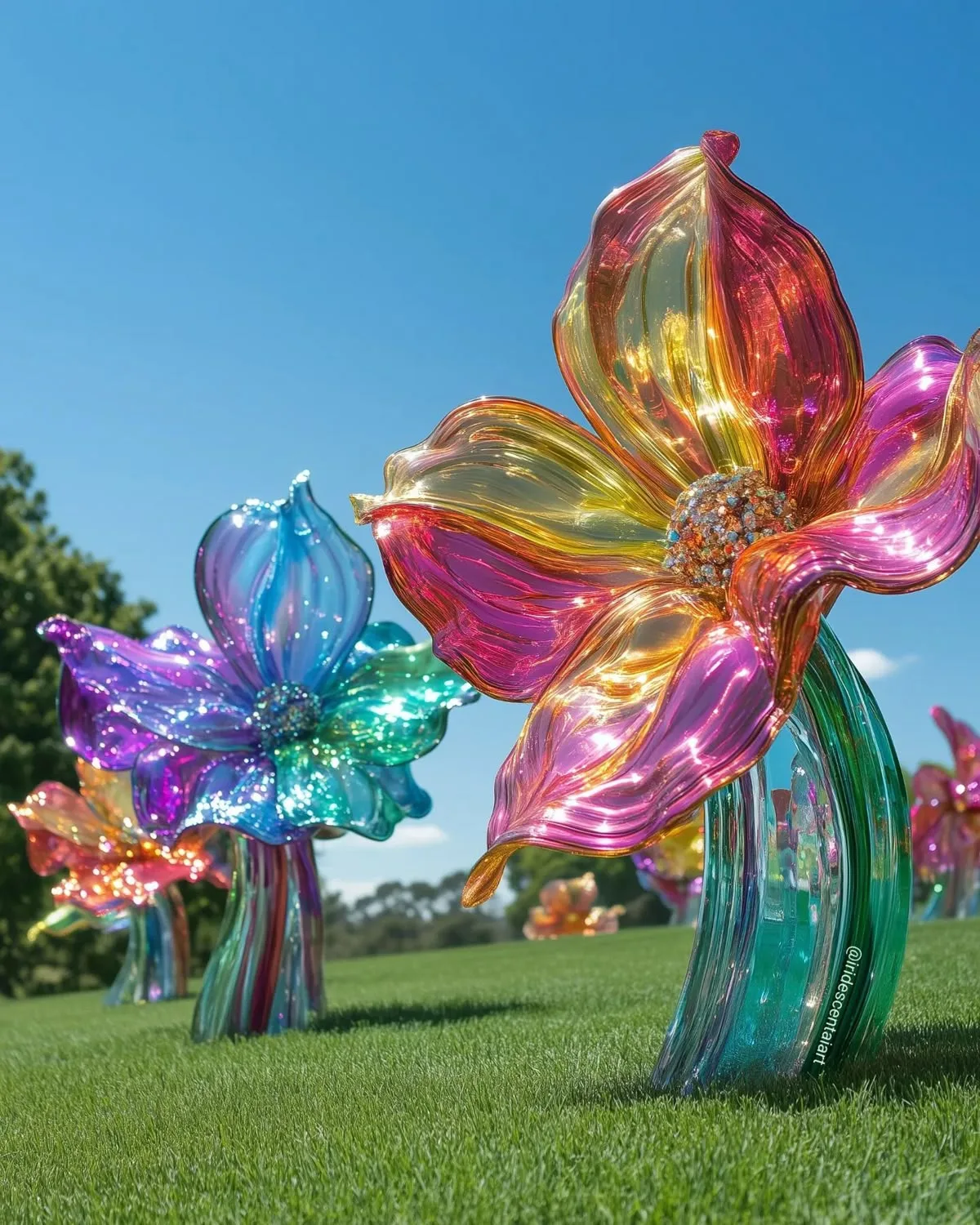 Iridescent Transparent Flower Fiberglass Sculpture for Park Lawn Landscape — view 3
