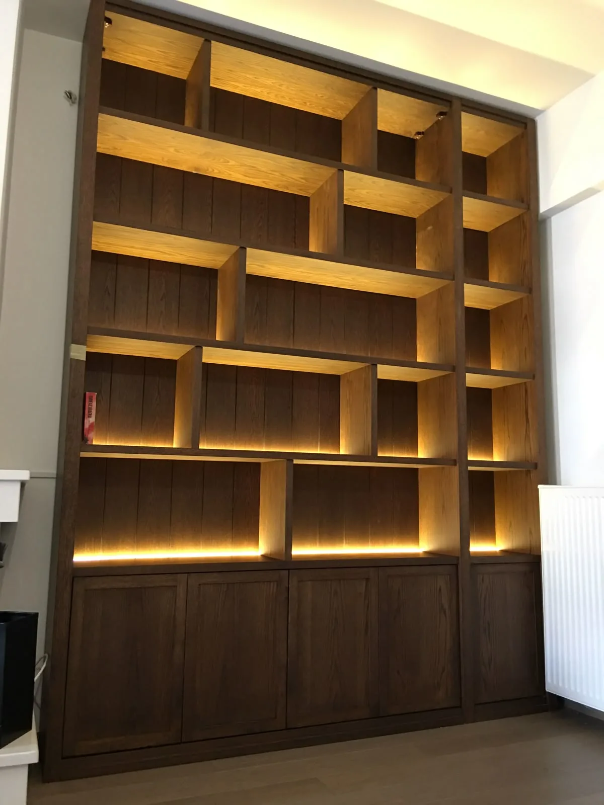 Irregular Asymmetrical Cube Wooden LED Display Wall Cabinet