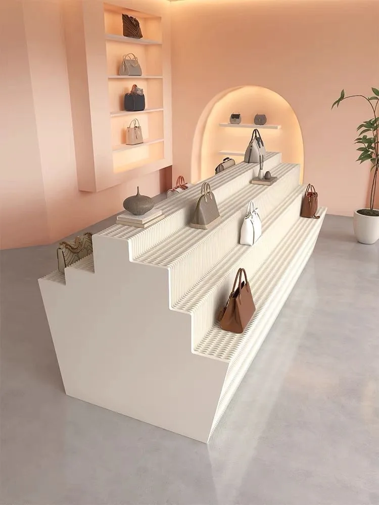 Irregular Step Wave Texture White Handbag Display Island Platform