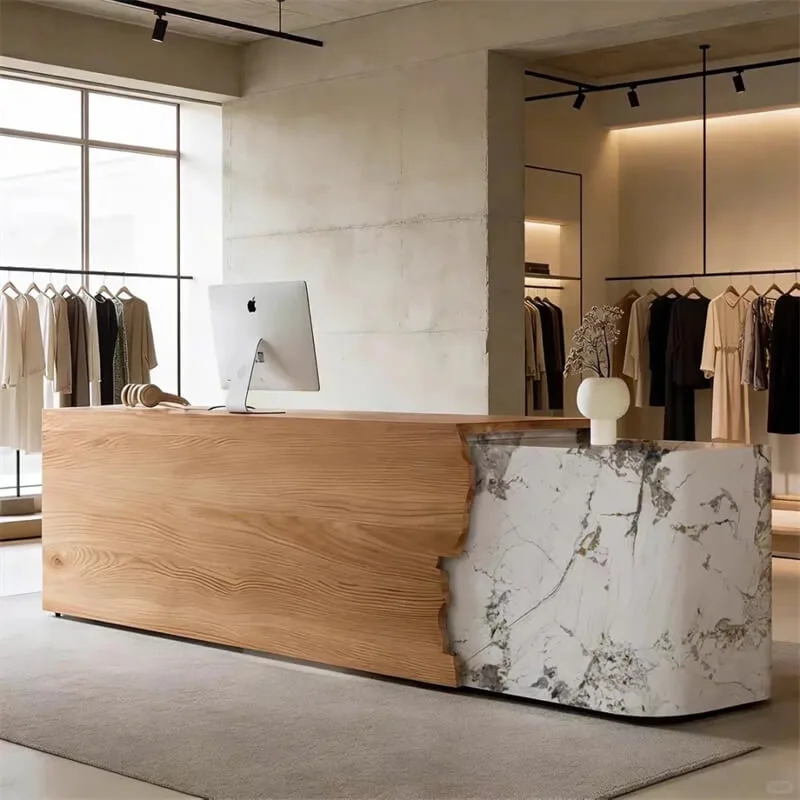 Irregular Wood Terrazzo Spliced Reception Desk High End Curved Reception Desk For Online Fashion Store Custom Commercial Checkout Counter — view 4