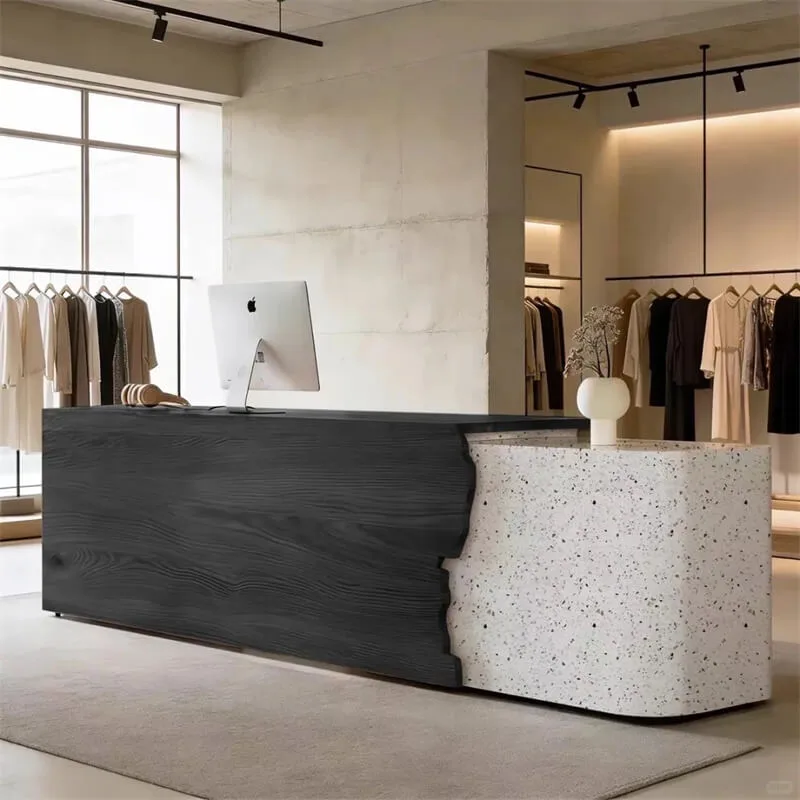 Irregular Wood Terrazzo Spliced Reception Desk High End Curved Reception Desk For Online Fashion Store Custom Commercial Checkout Counter — view 3