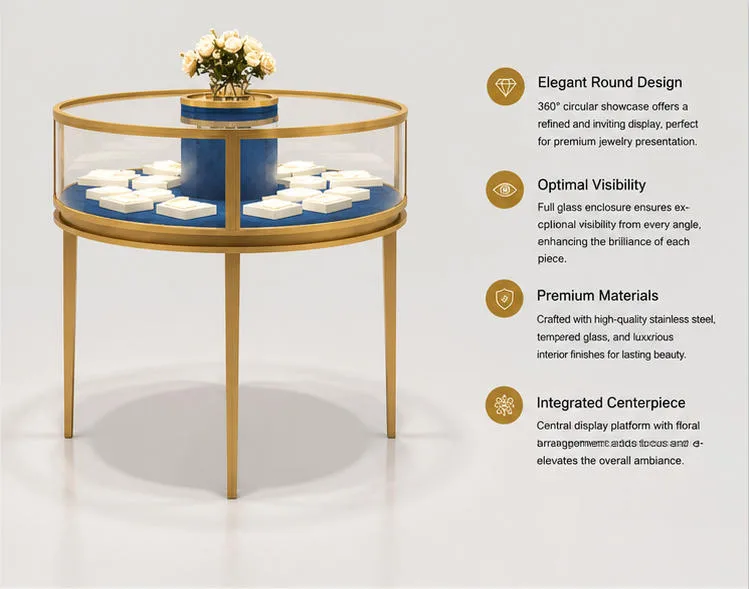 Jewelry Round Gold Frame Central Display Table – Stainless Steel Jewelry Display Cases — view 3