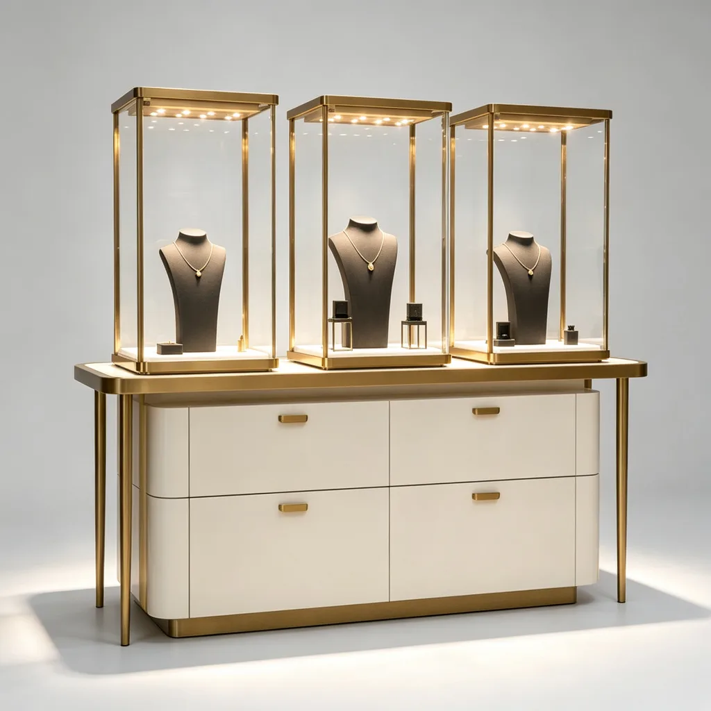 Jewelry Tower Showcase with LED Lighting Cream Drawer Base Gold Frame