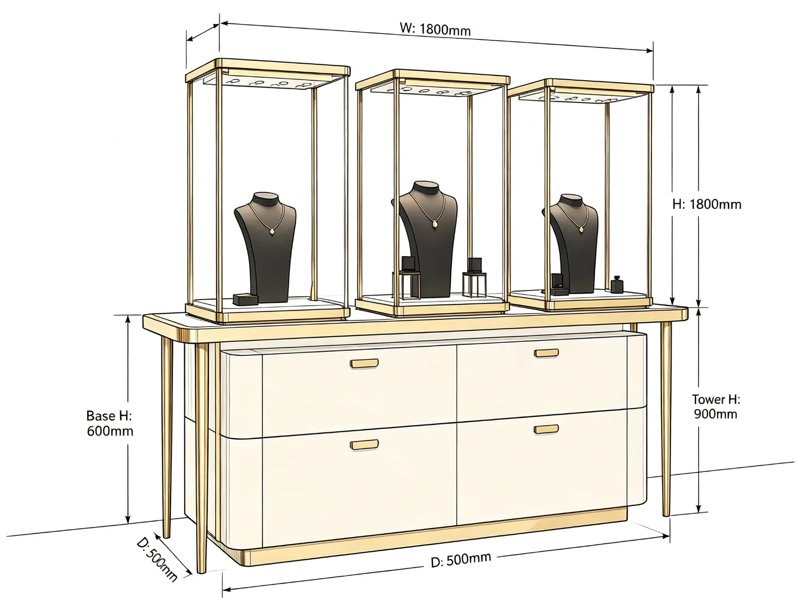 Jewelry Tower Showcase with LED Lighting Cream Drawer Base Gold Frame — product detail 1