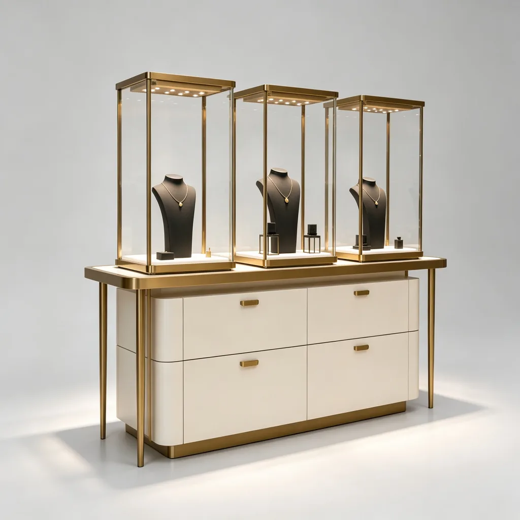Jewelry Tower Showcase with LED Lighting Cream Drawer Base Gold Frame — view 2