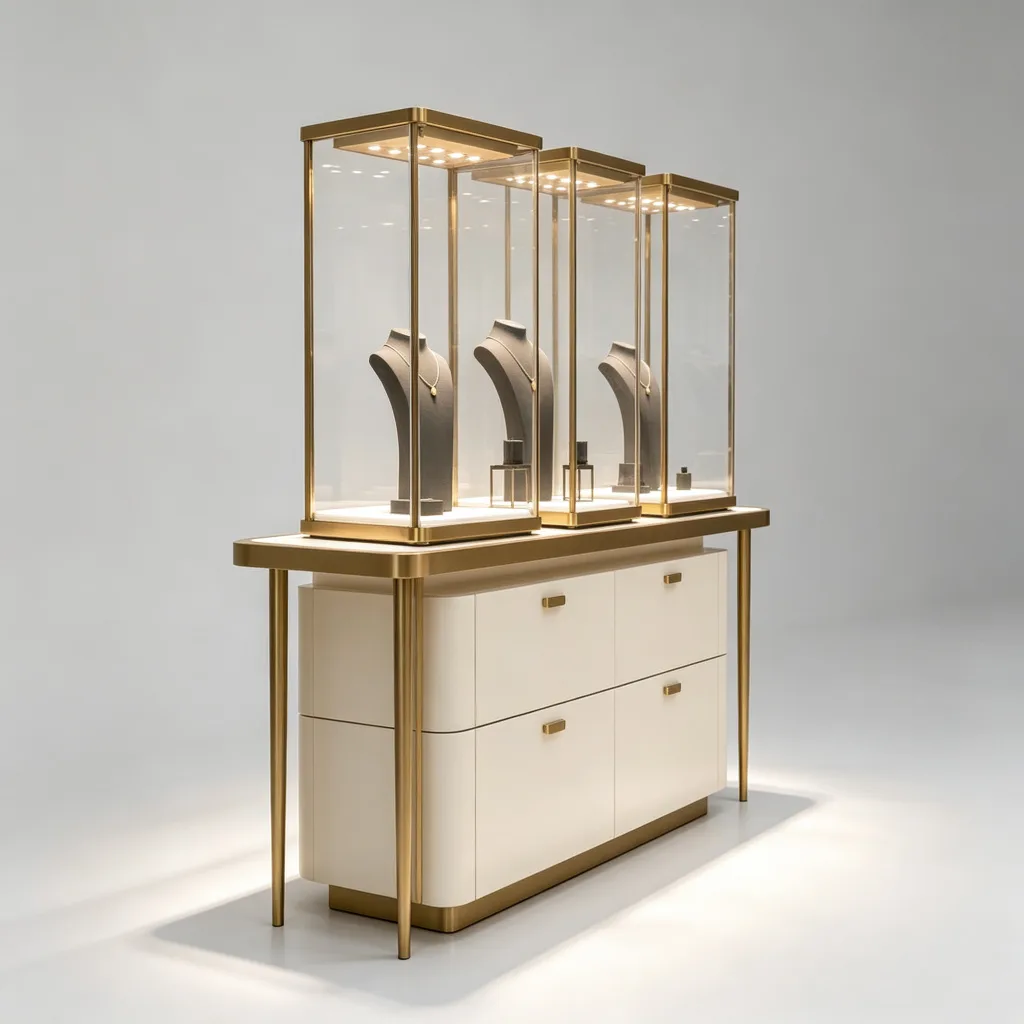 Jewelry Tower Showcase with LED Lighting Cream Drawer Base Gold Frame — view 3