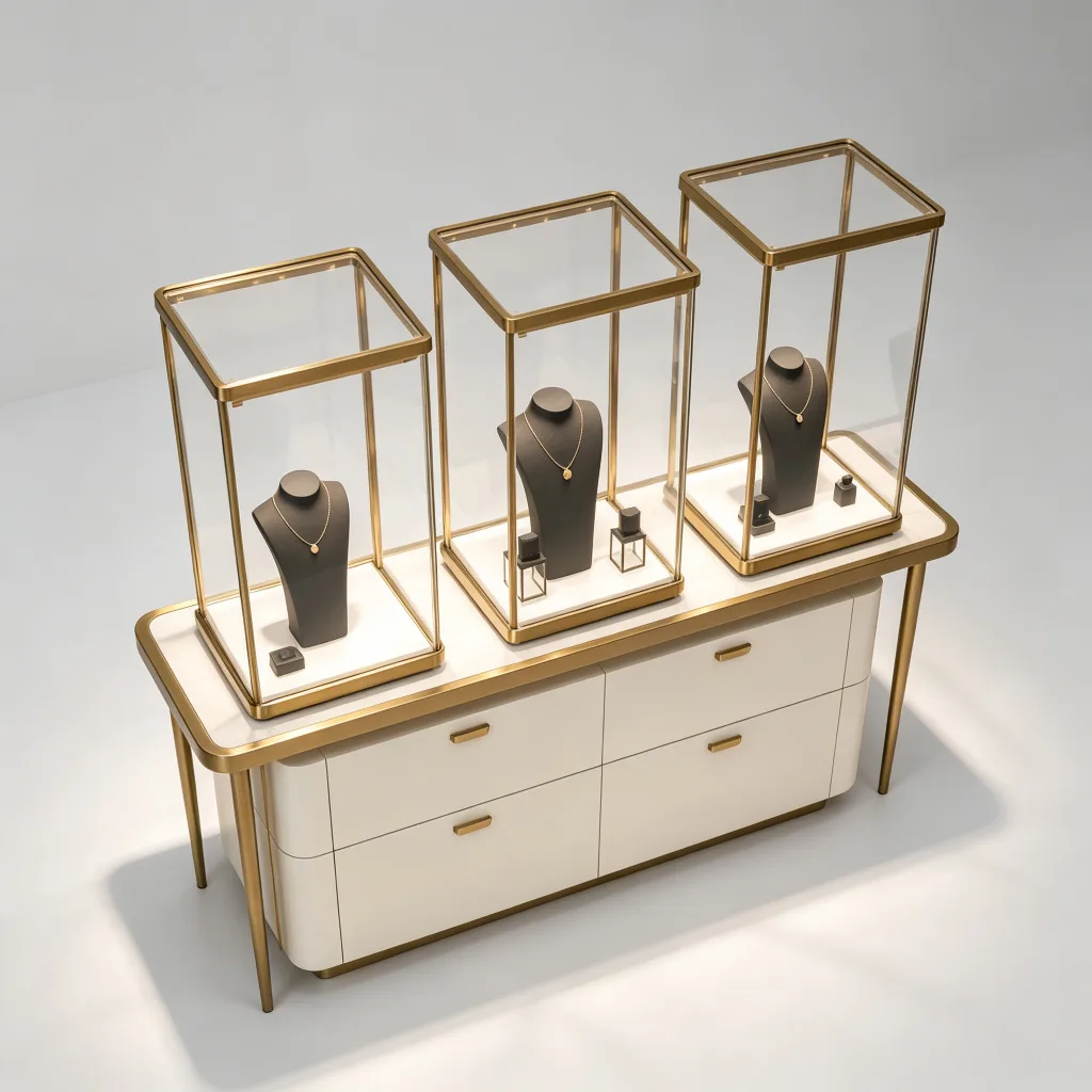 Jewelry Tower Showcase with LED Lighting Cream Drawer Base Gold Frame — view 4