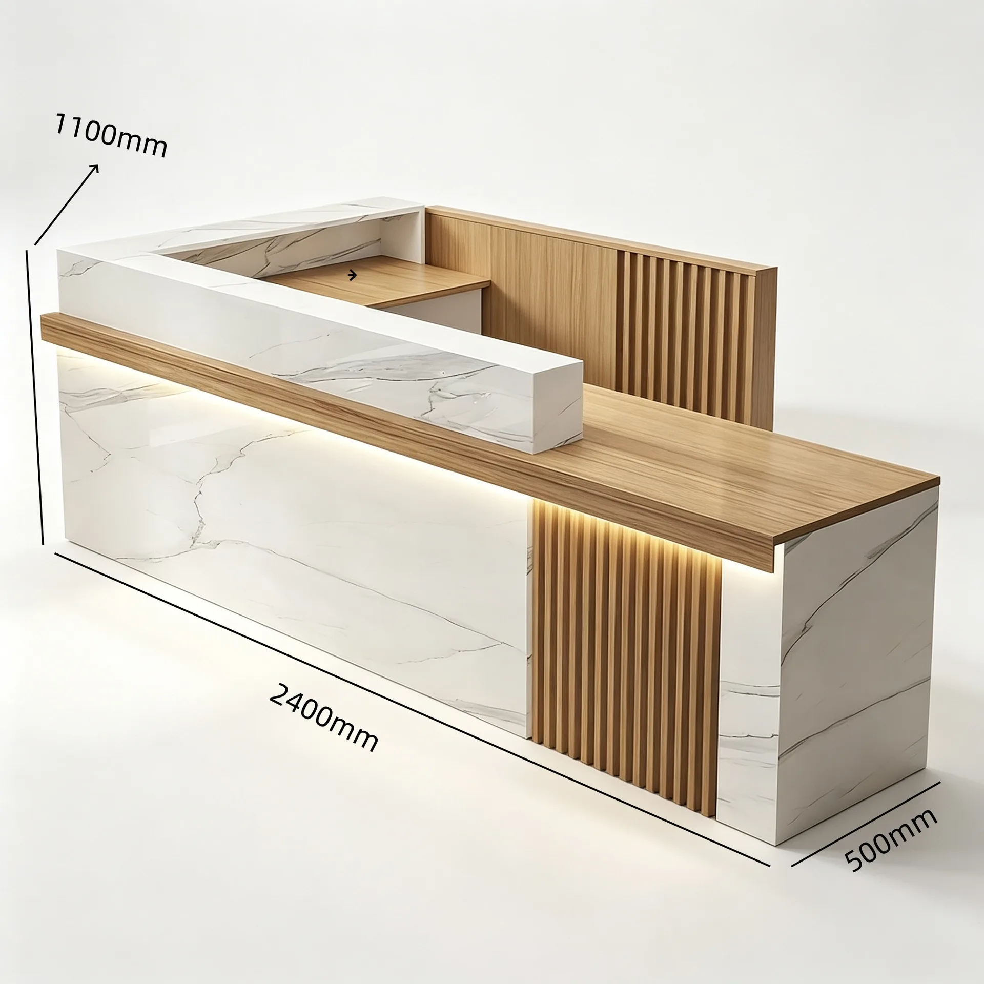 L‑Shape Modern Stone Veneer Wood Reception Counter with LED Light for Salon Boutique Shop — product detail 1