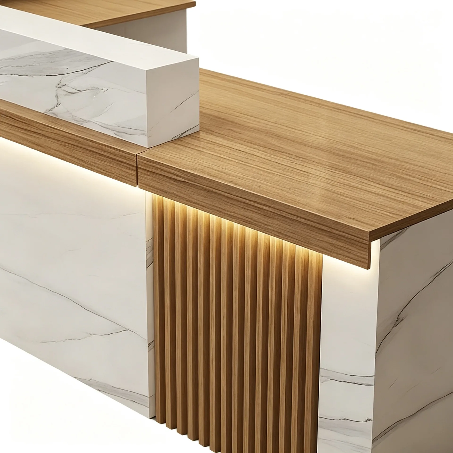 L‑Shape Modern Stone Veneer Wood Reception Counter with LED Light for Salon Boutique Shop — view 3