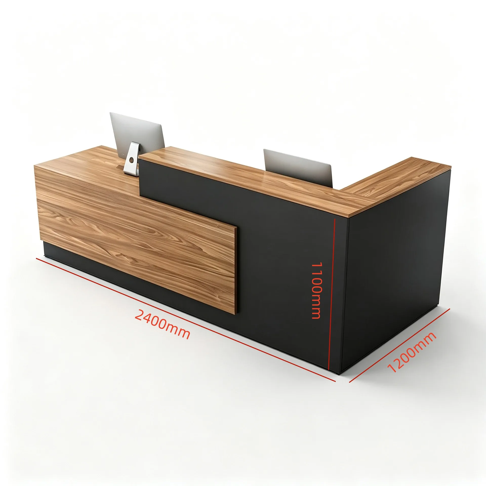 L-shaped wood-finish and black reception counter dimension reference showing 2400 mm length, 1200 mm depth and 1100 mm height