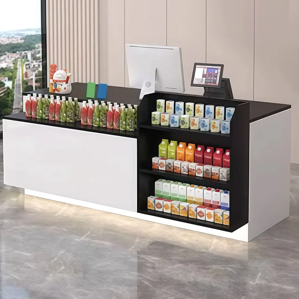 L-Shaped Black & White Grocery Checkout Counter with Side Display Shelves