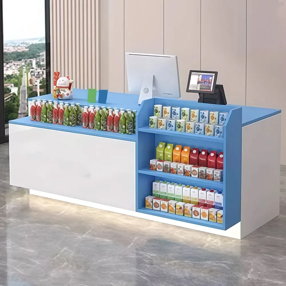 L-Shaped Black & White Grocery Checkout Counter with Side Display Shelves — view 2