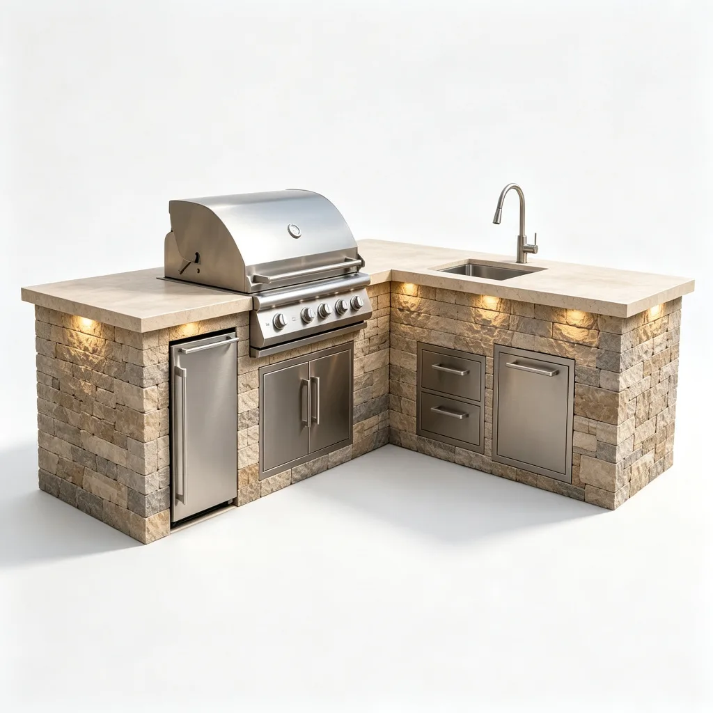 L-Shaped Cultured Stone Outdoor Kitchen with BBQ Grill, Sink, and Mini Fridge — view 4