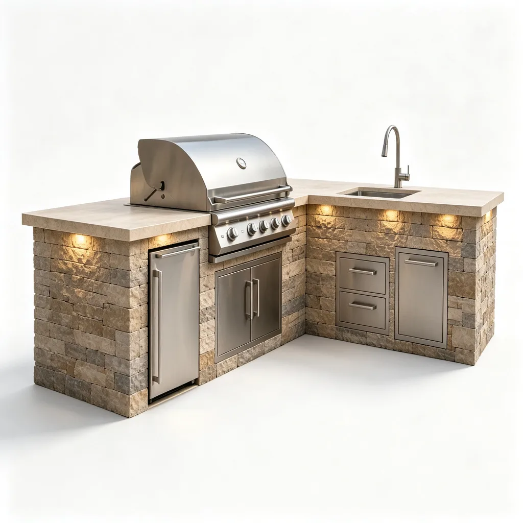 L-Shaped Cultured Stone Outdoor Kitchen with BBQ Grill, Sink, and Mini Fridge — view 3
