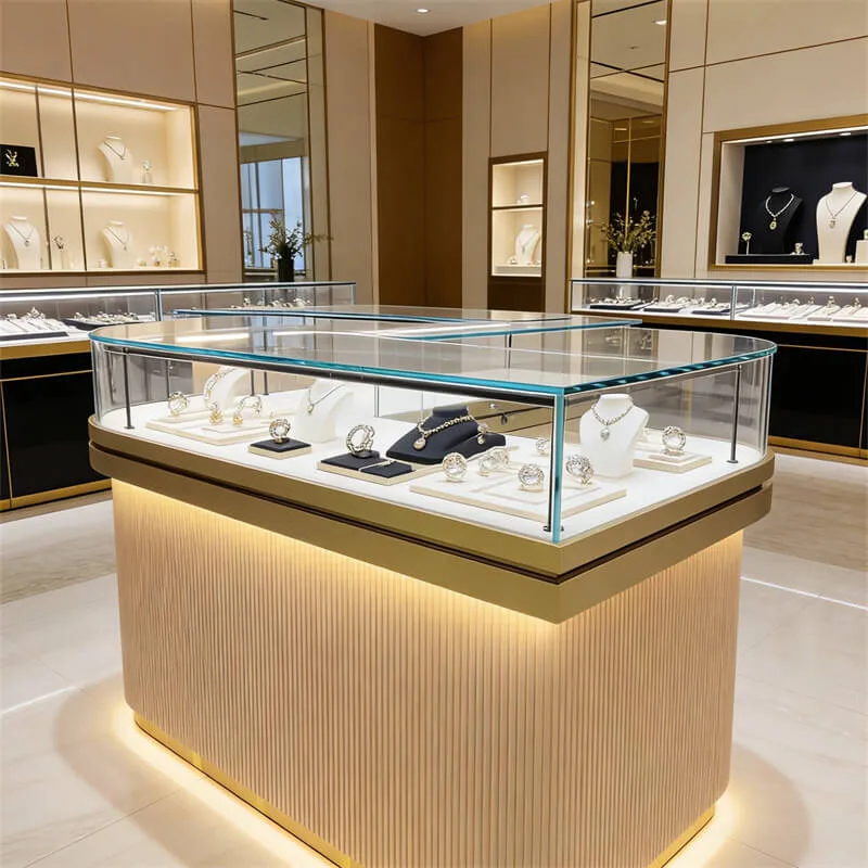 L-Shaped Jewelry Store Display Counter – Luxury Showcase with LED Lighting & Lockable Drawers Design