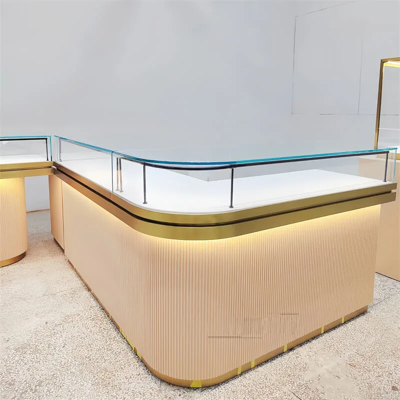 L-Shaped Jewelry Store Display Counter – Luxury Showcase with LED Lighting & Lockable Drawers Design — view 2